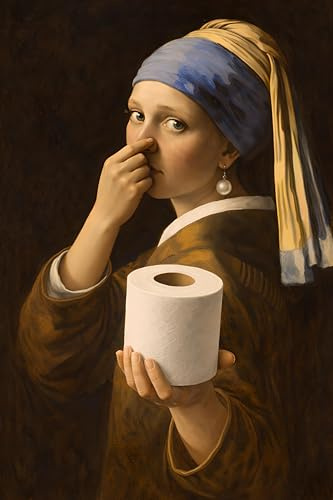 WBdesignz Lustiges WC-Poster - Vermeers „Mädchen mit Perlenohrring hält Toilettenpapier - Ironische Wanddeko für Gäste-WC, Badezimmer oder Toilette - Parodie klassisches Gemälde (DIN A4 ohne Rahmen)