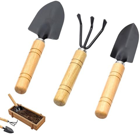 YIPFEN 3 Piezas Mini Set de Herramientas de Jardinería, Kit de Herramientas con Mango de Madera, Mini Pala, Rastrillo y Azada para Bonsáis, Plantas, Macetas y Suelo Suelto