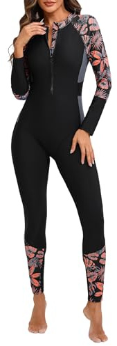 IMEKIS Long Sleeve One Piece Swimsuit for Women Full Body Rash Guard Floral Print Zipper Front UPF 50+ Wetsuit Modest Swimwear Surfing Bathing Suit Beachwear
