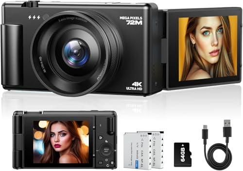 4K Digitalkamera, 72MP Autofokus Digital Kamera 2.8 270° Klappdisplay Vlogging Kamera für YouTube, 18X Digitalzoom Kompaktkamera für Reise & Anfänger, Webcam Funktion mit 64GB Karte & 2 Akkus