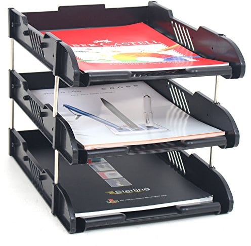 3-Tier Paper Tray - Stackable Desk Organiser Tray - Filing Trays for Letters, Paper, Documents, Magazines, Files - Detachable Frame, Stable Base, Easy Assembly - Desk Accessories - Black