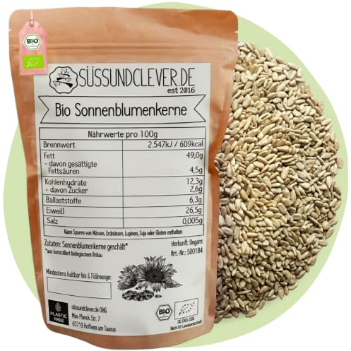 süssundclever.de® Bio Sonnenblumenkerne | 1,0 kg | geschält und unbehandelt | ohne Salz | mild-nussig & knackig | ökologisch-nachhaltig abgepackt