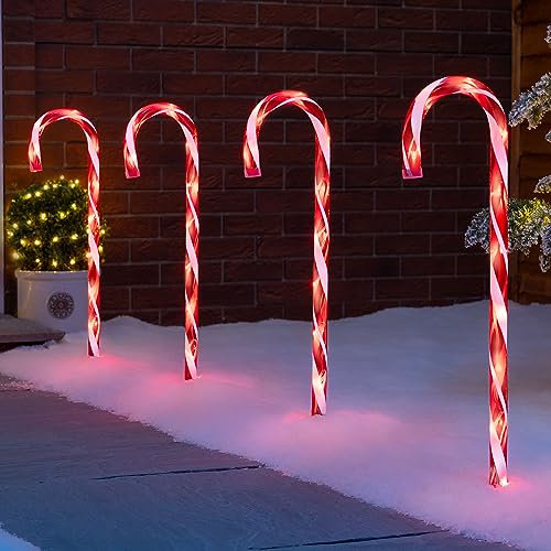 Christow Candy Cane Christmas Lights, Outdoor Path Stake Decorations, Flashing LED, Battery Operated with Timer, Set of 4 x 58cm (Red & White)