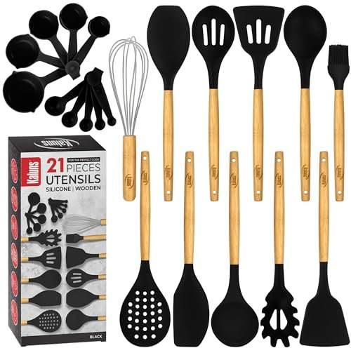 Set di utensili da cucina, 21 utensili da cucina in legno e silicone, antiaderenti e resistenti al calore, utensili da cucina (nero)