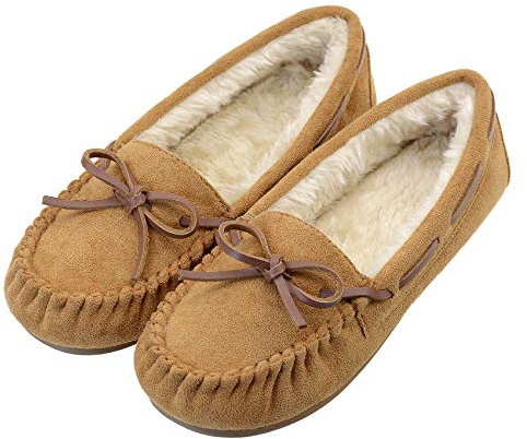 Vonair Women's Moccasin Slippers Micro Suede Warm Faux Fur Pile Lined Lace-Up Bow Cozy Indoor & Outdoor Moccasins Slip On Loafers Shoes for Women Tan US 8