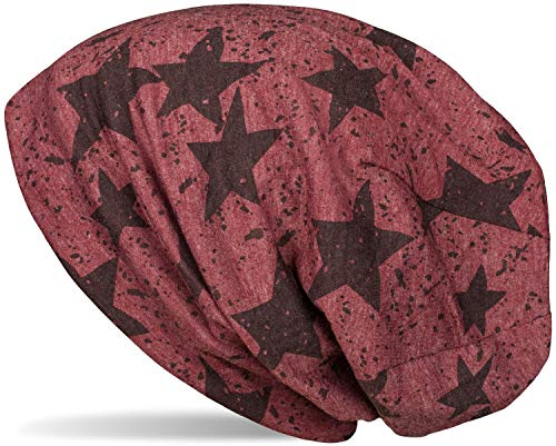 styleBREAKER Unisex Stoff Beanie Mütze mit Sterne Splat Style Print, Leichte Longbeanie mit Farbspitzer Muster 04024185, Farbe:Bordeaux-Rot meliert
