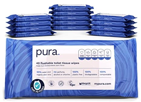 Pura Flushable Moist Toilet Tissue Wipes, 14 x 40 wipes per pack (560 Wipes) 100% Plastic Free, 99% Water Washlets, Certified Fine to Flush Biodegradable, Compostable, Vegan, Gentle, Clean, Wet Wipes