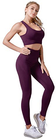 Jamron Donna Set di Abbigliamento Yoga Reggiseno Sportivo+Leggings 2 Pezzi Tuta Sportiva Palestra Fitness Activewear Viola Scuro SN071202 M