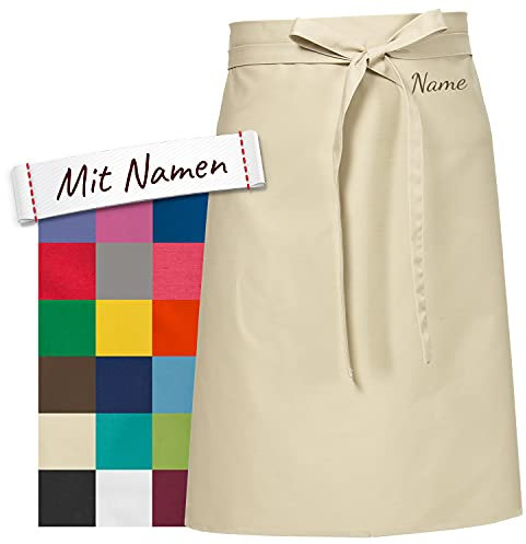 LALALO Vorbinder Schürze mit Name, hochwertig bestickt, Personalisierte Bistroschürze/Kochschürze für Damen und Herren, Malschürze/Schürze zum basteln, kochen, garten oder werken (Beige, 60x80 cm)