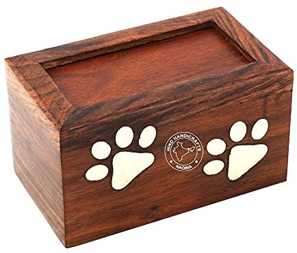 Hind Handicrafts Haustierurne aus Messing mit Pfotenabdruckmotiv, für Hunde und Katzen, Gedenkurne für Asche, Foto-Holzkiste (klein: 15,2 x 10,2 x 7,6 cm, 20,4 kg oder 20 kg, zwei Pfoten-1)