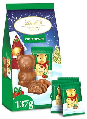 Lindt - Sachet de Mini-Moulages individuels fourrés TEDDY - Chocolat au Lait et cœur praliné - Idéal pour Noël, 137 g