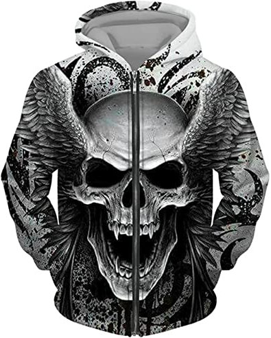 DUDSOG Men's Angel Skull 3D Printed Hoodies Fashion Hooded Sweatshirt Full Zip Hoodie Casual Jacket