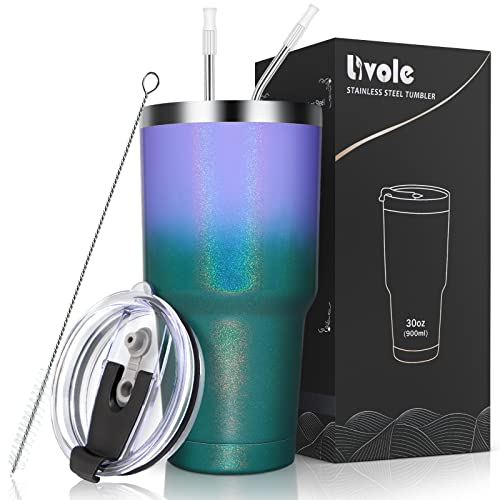 Livole Vaso térmico de 900 ml para hombres, mujeres, taza térmica de café para llevar, taza de camping, taza de acero inoxidable de doble pared con pajita, taza de café aislada al vacío, taza de