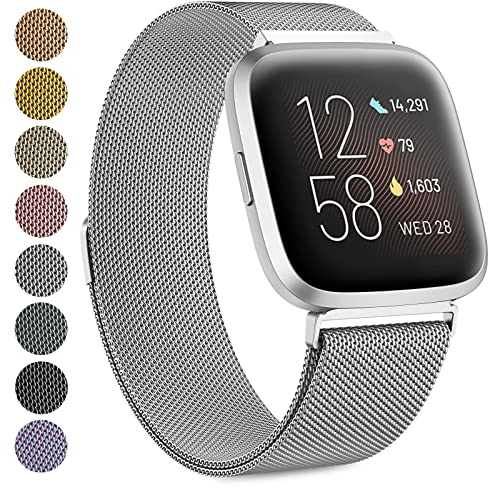 Oumida Armband für Fitbit Versa 2 Armband/Fitbit Versa Armband/Fitbit Versa Lite Armband für Damen Herren, Prämie Edelstahl Metall Ersatzarmband Armbänder mit Starker Magnet, Klein Silber