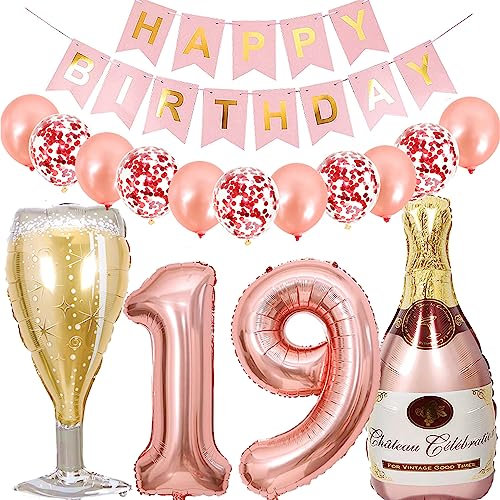 Dalettu Luftballon 19. Geburtstag Deko Mädchen, Folienballon Weinflasche Sektflasche Helium Ballon Deko, Roségold Geburtstagsdeko 19 Jahre Mädchen, Happy Birthday Banner für 19. Geburtstag Party Deko