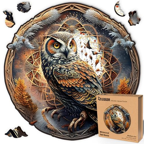 LEOGOR Whimsical Owl Haven – Holzpuzzle Erwachsene Eule, 200 Teile – 30,5 × 30,1 cm – 5 mm Dickes Holz, handgeformte Teile, rundes Mosaikdesign – Magisches Holz Puzzle für Puzzle-Liebhaber