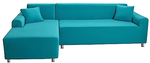 Mingfuxin Sektionale Couchbezüge, Stretch-Sofa-Schonbezüge, L-förmig, rutschfest, Ecksofabezug, Chaiselongue-Schutz mit 2 Kissenbezügen für 3-Sitzer+3-Sitzer, L-Typ, Sektionalsofa, Blau-Peacock Blue