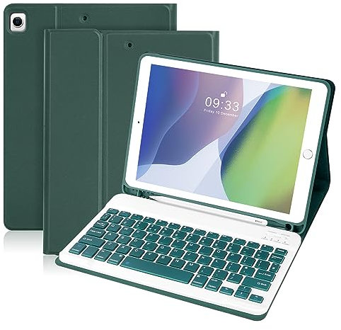 SOPPY Bluetooth Keyboard Case for iPad 7th/8th/9th Gen 10.2-inch, Air 3 & Pro 10.5-Inch, Detachable Wireless Keyboard with Pencil Slot, Slim Protective Cover, Auto Sleep/Wake, UK Layout, Dark Green