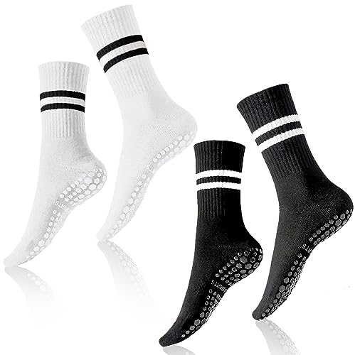 REEKNOKOL 2 Paar Yoga-Socken mit Griffen, rutschfeste Pilates-Socken, lange Griffsocken für Damen und Mädchen, Zuhause, Fitnessstudio, Sport, Workout, Fitness (weiß und schwarz)