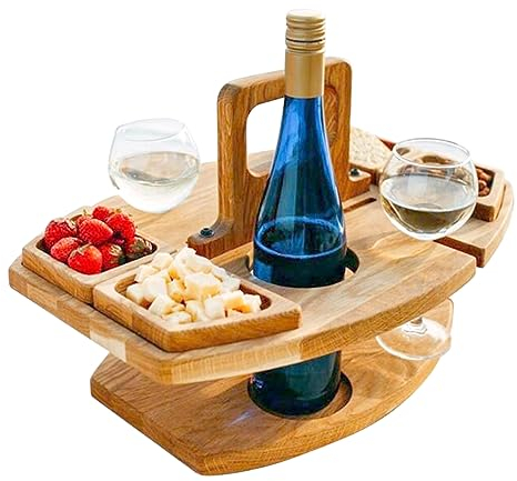 Low Table, Picnic Table Portable Detachable Wine Table with 2 Wine Glasses Holder Stylish Wooden Mini Snack Tray for Wine Lovers Outdoors Events, Beach, Camping
