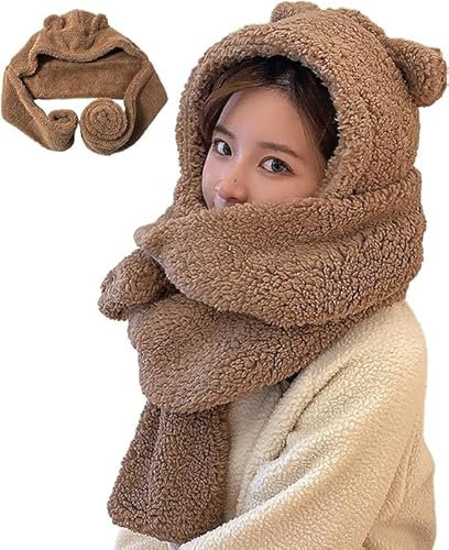 Juneyou Bär Ohr Beanie Mütze Schal 3 in 1 - Kawaii Winter Warm Fuzzy Beanie Hut, Khaki, One Size