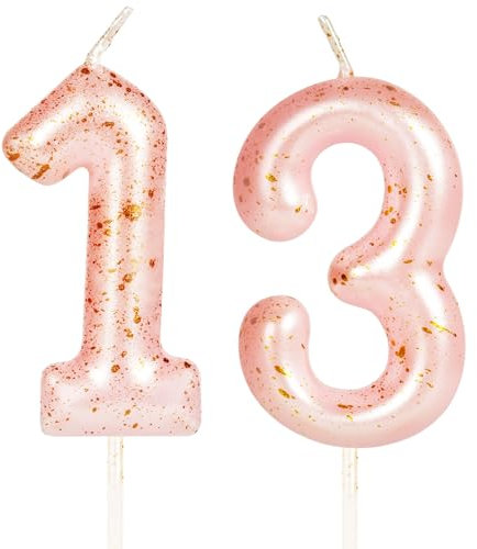 Hongplus Pink Gold Number 13 Candles, 13 Birthday Candle,Pink Happy Birthday Candles for Cake, Barbie Cake Topper Decorations for Girls Women Her 13th Birthday Party Decorations Supplies Favor Gift