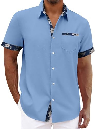 Chemise Hawaienne Homme Manches Courtes en Lin - Chemisette Fleur Turquoise M