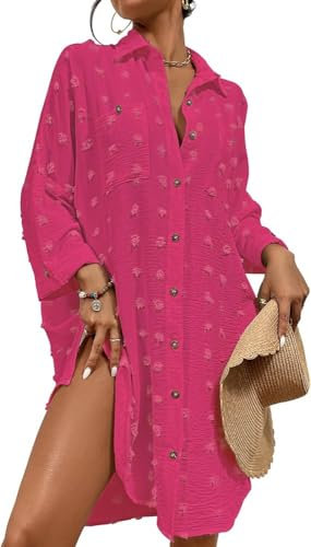 Bsubseach Femme Maillot De Bain Cover Up Robe Chemise D’éTé Button Down Lin Beach Coverup Top Resort Wear Rose Rouge S