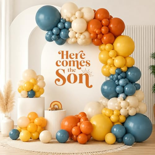 128 Stück Luftballon Girlande Retro Blau und Orange, Ballongirlande Regenbogen Blaue und Orange Beige Ballons für Here Comes the Son Baby Shower Geschlecht offenbaren Geburtstag Boho Jubiläum Deko