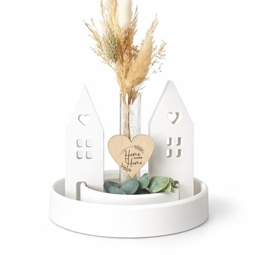 KB Socken Keraflott Deko Tablett mit Herz Häuschen – Handgefertigte Tischdeko mit Trockenblumen & Holzherz personalisiert Home Sweet Home | Fensterbank- & Wohnzimmer Deko | Geschenk zum Einzug