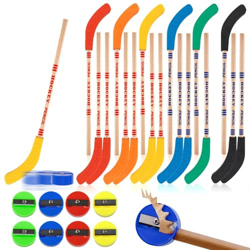OT-NVWOZR 18 Stück Bleistift Hockey mit Radiergummi & 8 Mini Bleistiftspitzern, Bunte Hockeyschläger Bleistifte Eishockey Pencil Hockey Motto Party Dekorationen für Kinder Studenten