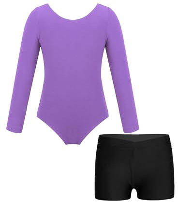 Miaeowve Kinder Mädchen Ballettanzug Langarm Ballett Body Rundhals Trikot Mit Einfarbig Shorts Dancewear Lavendel & Schwarz 140