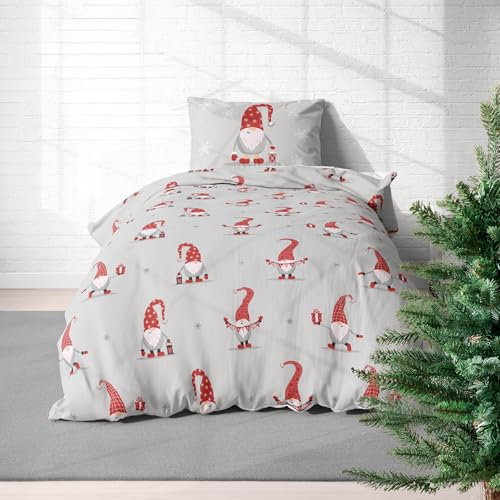 MTOnlinehandel Biber Bettwäsche 155x220 Winter · Wichtelfreude Wintermotiv · Rote Weihnachts Bettwäsche 80x80 cm · 100% Baumwolle · Winterbettwäsche Wichtelset Geschenk