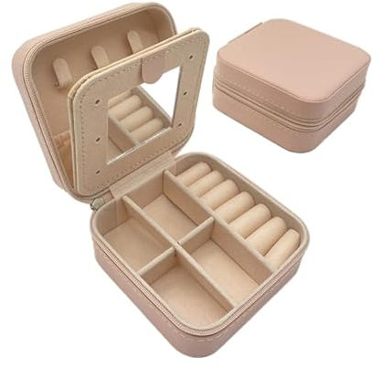 igadgitz home U7284 - Mini joyero portátil, pequeño joyero de viaje, organizador de joyas de viaje, estuche de viaje con espejo, color rosa pastel