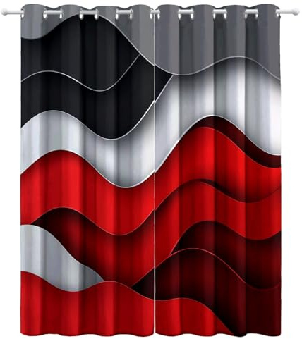 Blickdichte Vorhänge für Wohnzimmer Rot Grau Gardinen Ösen Verdunkelungsvorhänge Welliges Muster Ösenvorhang Thermovorhang für Schlafzimmer H215 x B110 cm (2er Pack)