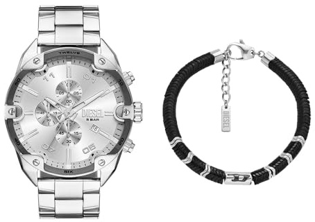 Diesel Herren-Edelstahl-Chronographenuhr und Schmuck-Set