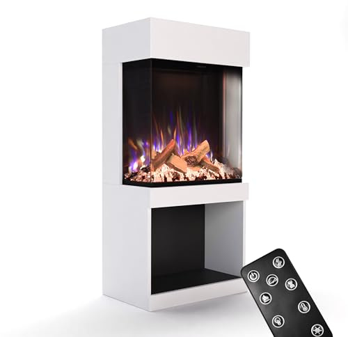 GLOW FIRE Kaminofen PR12 mit realistischem 3D E-Motion LED-Feuer - Stand-Elektrokamin mit Heizung und Kaminfeuer, Knistereffekt & Timer, max. 1500 W, 61,5x130x40cm, Weiß