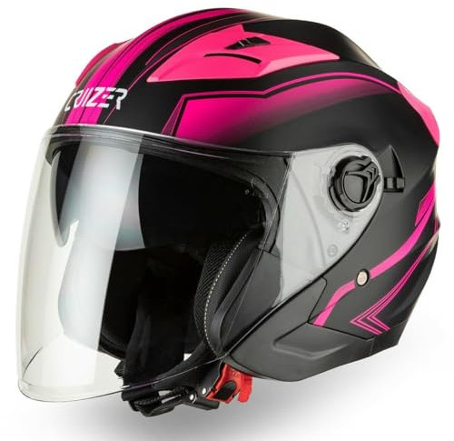 CRUIZER Casco Jet Moto Scooter Omologato Doppia Visiera Nero Opaco Rosa (XS)