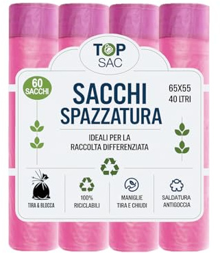 GECO Green ECOmmerce - 60 Waste Bags 40 Litres - 55 x 65 cm with Pull and Close Handles | Waste Bin Bags for Separated Collection - Anti-Drop, Ultra Resistant, Pink