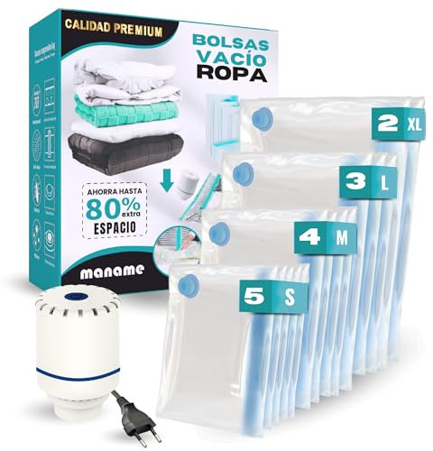 Maname® Bolsas Vacío Ropa con Bomba – Pack 14 Bolsas al Vacio para Ropa de Viaje Varios Tamaños – Vacuum Storage Bags Sacos Vacuo -