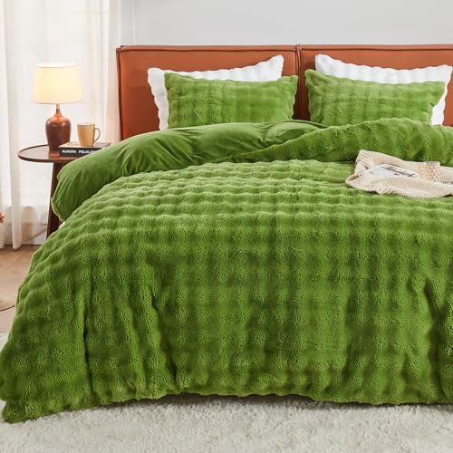 EMME Bubble Plüsch Bettwäsche 135x200-Winterbettwäsche aus Kaninchenfell-Imitat wie EIN Sanfte Umarmung, Warme Bettbezug mit Reißverschluss und 1 Kissenbezug 80x80 cm,Grasgrün
