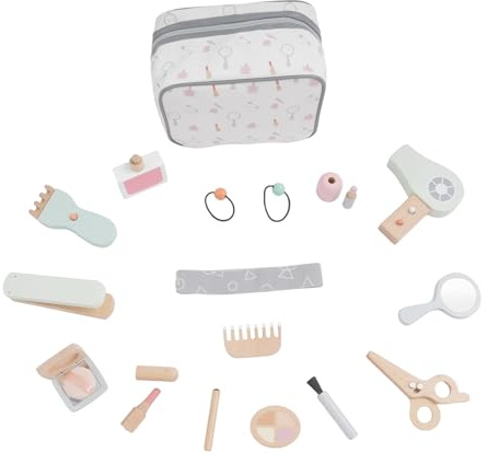 Susoso Holzschminke Spielset, 16 Anzahl Kinderschminke aus Buchenholz mit Tragbare Kosmetiktasche Sicher in der Anwendung Nagellack Lippenstift für Mädchen ab 3 Jahren