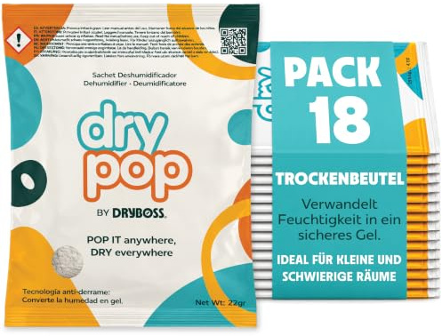 Sachet Anti Humidité Tiroir et Placard - DRYPOP by DRYBOSS - Absorbeur d'Humidité en Gel Anti-Fuite - Déshumidificateur Fin sans Électricité pour Armoire et Chambre (18 Sachets x 22g)