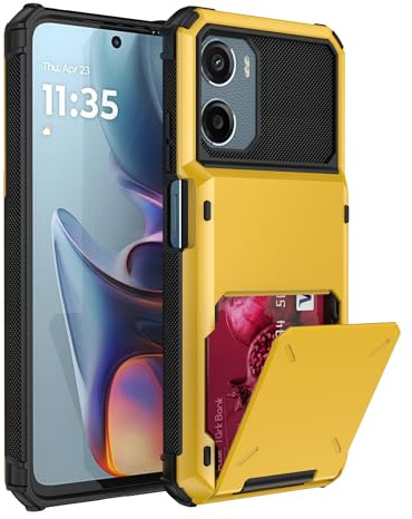 Huzhide for Motorola Moto G35 Case Wallet Card Slots, Yellow | Military Grade Heavy Duty Protection, Foldable Kickstand Hybrid Hard PC Shockproof TPU, Smooth Slim Solid Bumper Phone Cover
