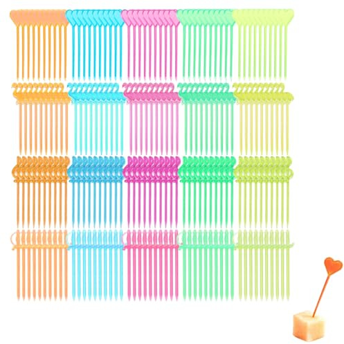 Pack of 200 Plastic Fruit Skewers - 8.2 - 8.5 cm - Colourful Cocktail Sticks for Snacks, Fruits, Appetizers - Reusable and Safe for Party, Picnic, Wedding, Multicolour