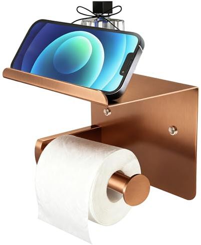 Rose Gold Toilet Paper Holder with Shelf, SUS304 Stainless Steel Rustproof Wall Mount Toilet Paper Roll Holder, Screw Bathroom Toilet Paper Holder for Kitchen, Washroom, RV