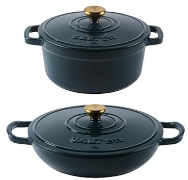 Salter Chester Cast Iron Casserole Set – 24cm & 30cm Dutch Oven/Stock Pots, Self-Basting Lids, Enamel Coated Cast Iron, Hob to Table Cooking, Oven Safe to 240°C, Induction Compatible, PFAS-Free, Green