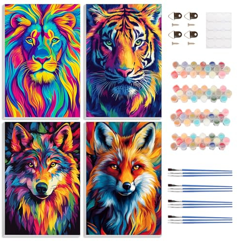 DOMROM Animal Peinture Numero Adulte, Lot de 4 Kits Peinture par Numéros avec Cadre, DIY Tigre Loup Peinture Acrylique Coloriage Par Numero Paint by Numbers pour la Décoration de la Maison 20x30cm