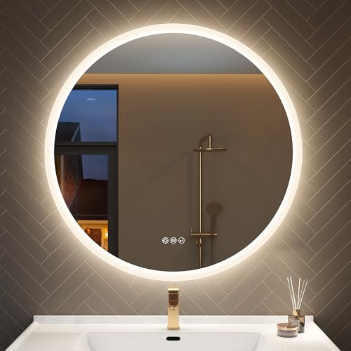 STARLEAD 90cm Runder-Badspiegel-mit-Beleuchtung und Bluetooth, Badezimmerspiegel Rund mit Beleuchtung Dimmbar, 3 Farbtemperatur, Entfoggen, Speicherfunktion, HD Hartglas, IP44 Wasserdicht