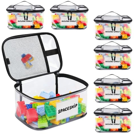 SKIKHN 6 Stück PVC Aufbewahrungstaschen für Spielzeug,24x17.5x14.5CM Wasserdichte Toy Storage Bag mit Stift Namensschild,Spielzeugtasche Unterwegs für Kinder Badespielzeug,Puzzle,Bausteine,Brettspiele